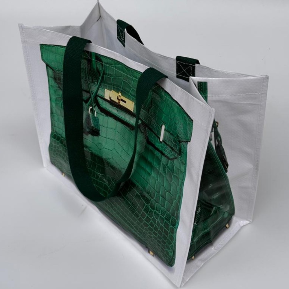 Grocery Bag made from Recycled Plastic Bottles with Novelty Bag Print in Green